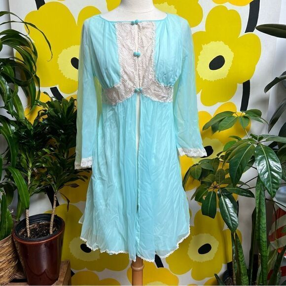 Mod Vintage 1960s Bright Blue Lace Peignoir Lingerie - Picture 1 of 11